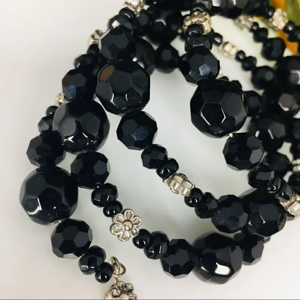 Vintage Faceted Black Beads silver Flower Wrap Around Bracelet 4424